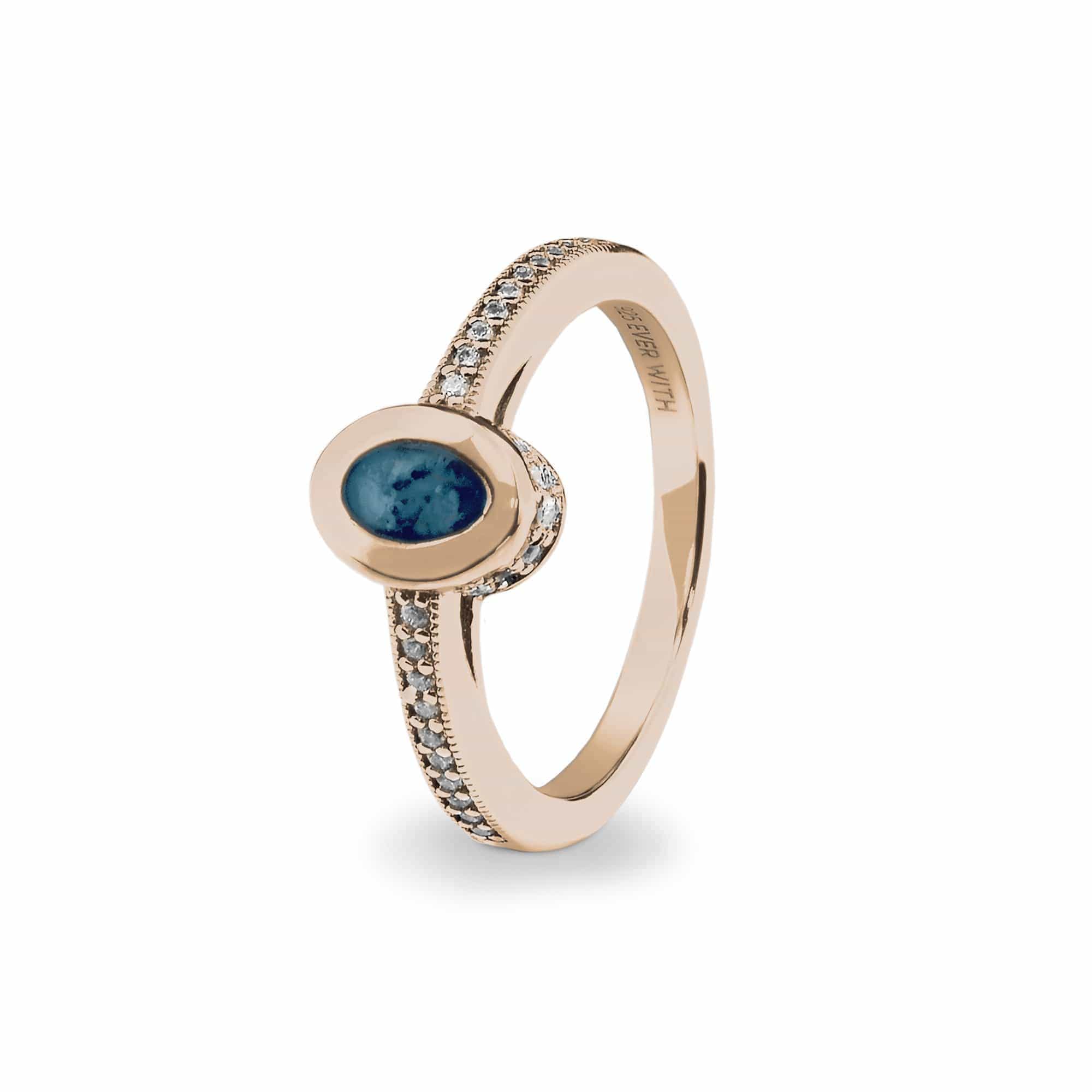 EverWith Ladies Oval Halo Memorial Ashes Ring with Fine Crystals 9k Rose Gold Blue
