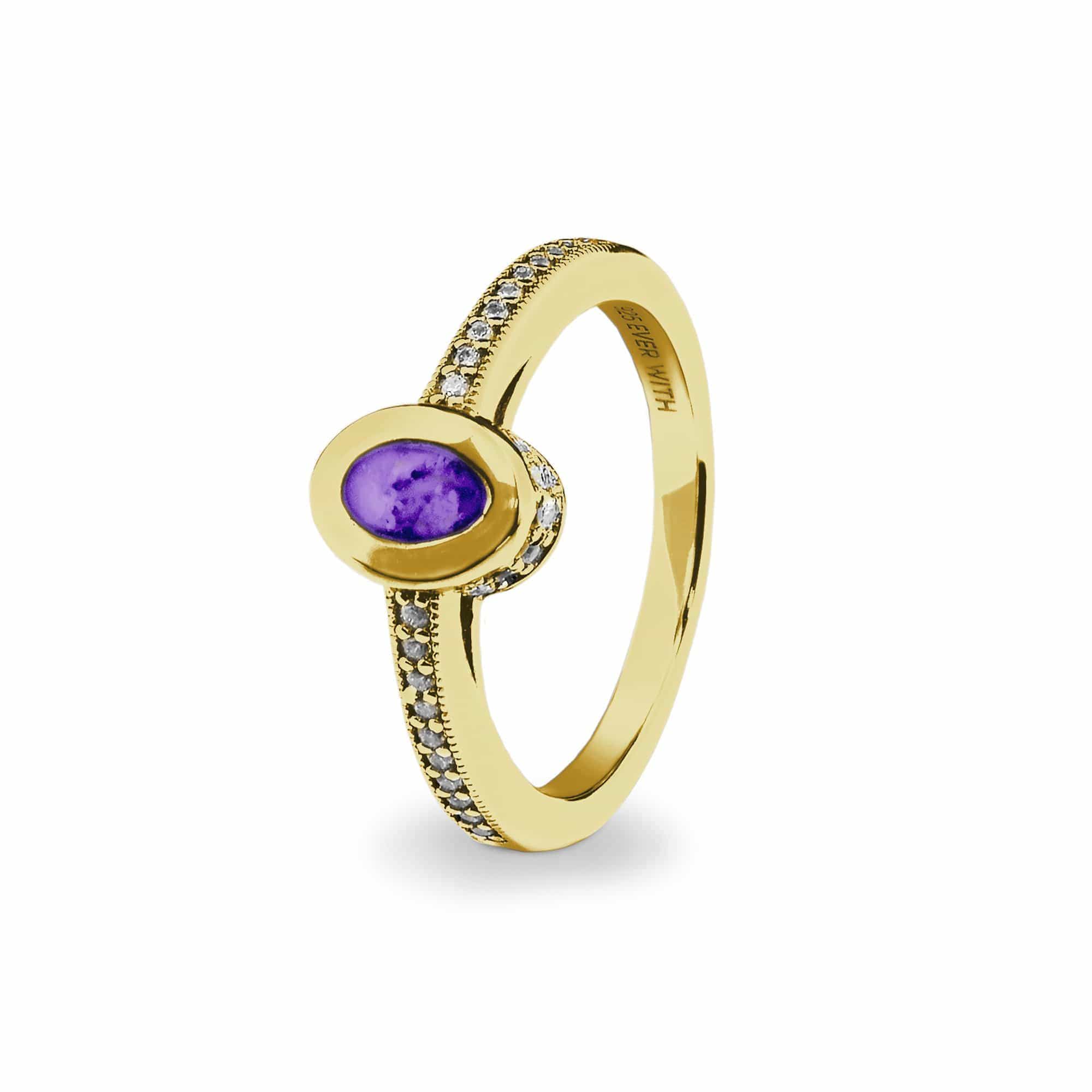 EverWith Ladies Oval Halo Memorial Ashes Ring with Fine Crystals 9k Yellow Gold Purple
