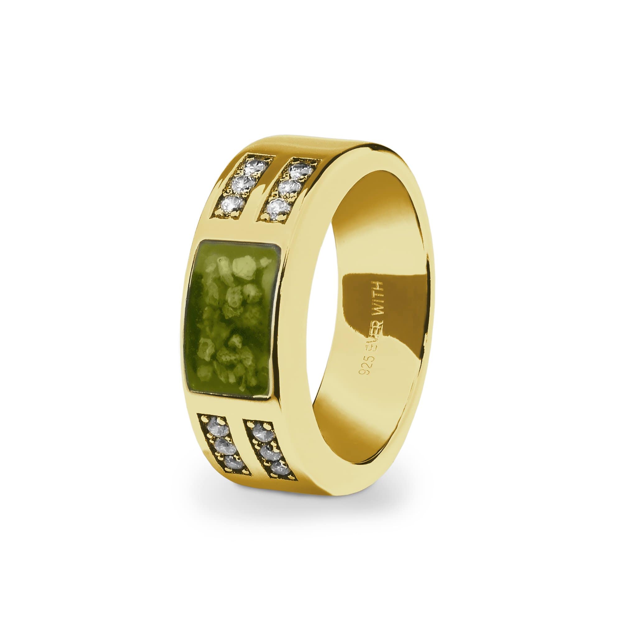 EverWith Gents Oblong Memorial Ashes Ring with Fine Crystals 9k Yellow Gold Green
