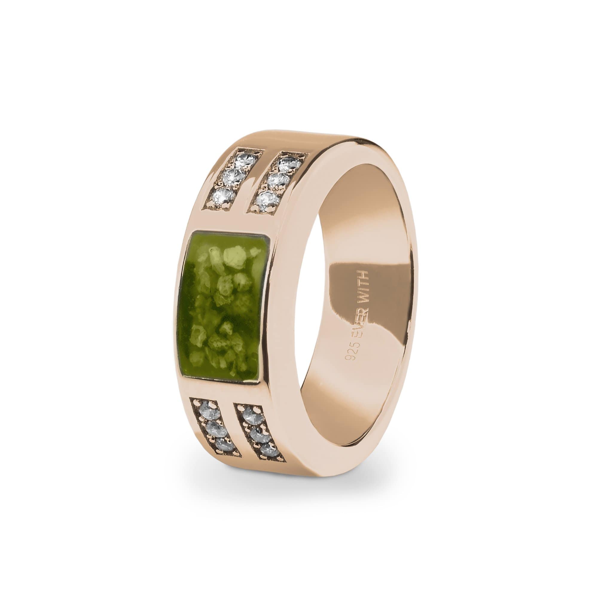 EverWith Gents Oblong Memorial Ashes Ring with Fine Crystals 9k Rose Gold Green
