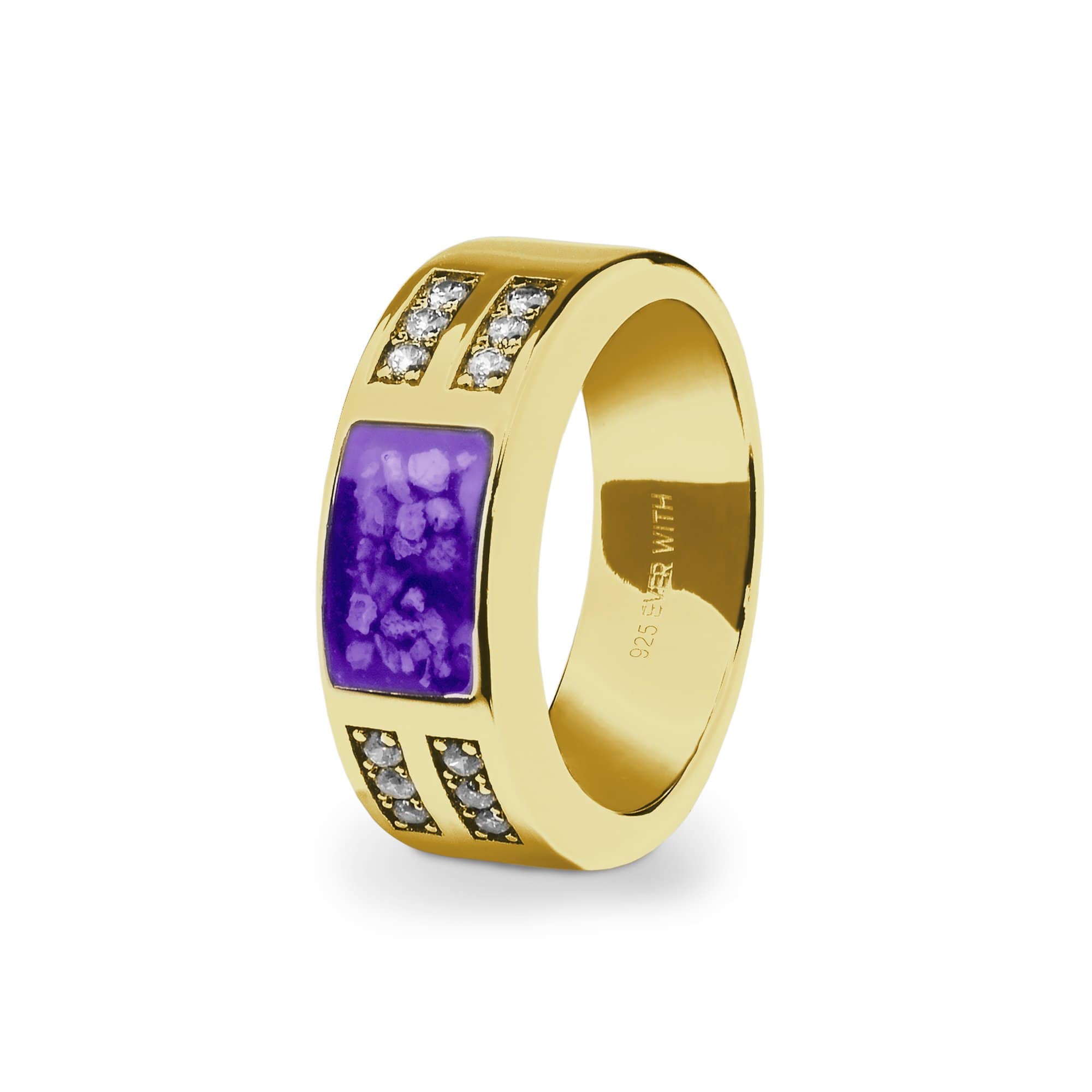 EverWith Gents Oblong Memorial Ashes Ring with Fine Crystals 9k Yellow Gold Purple