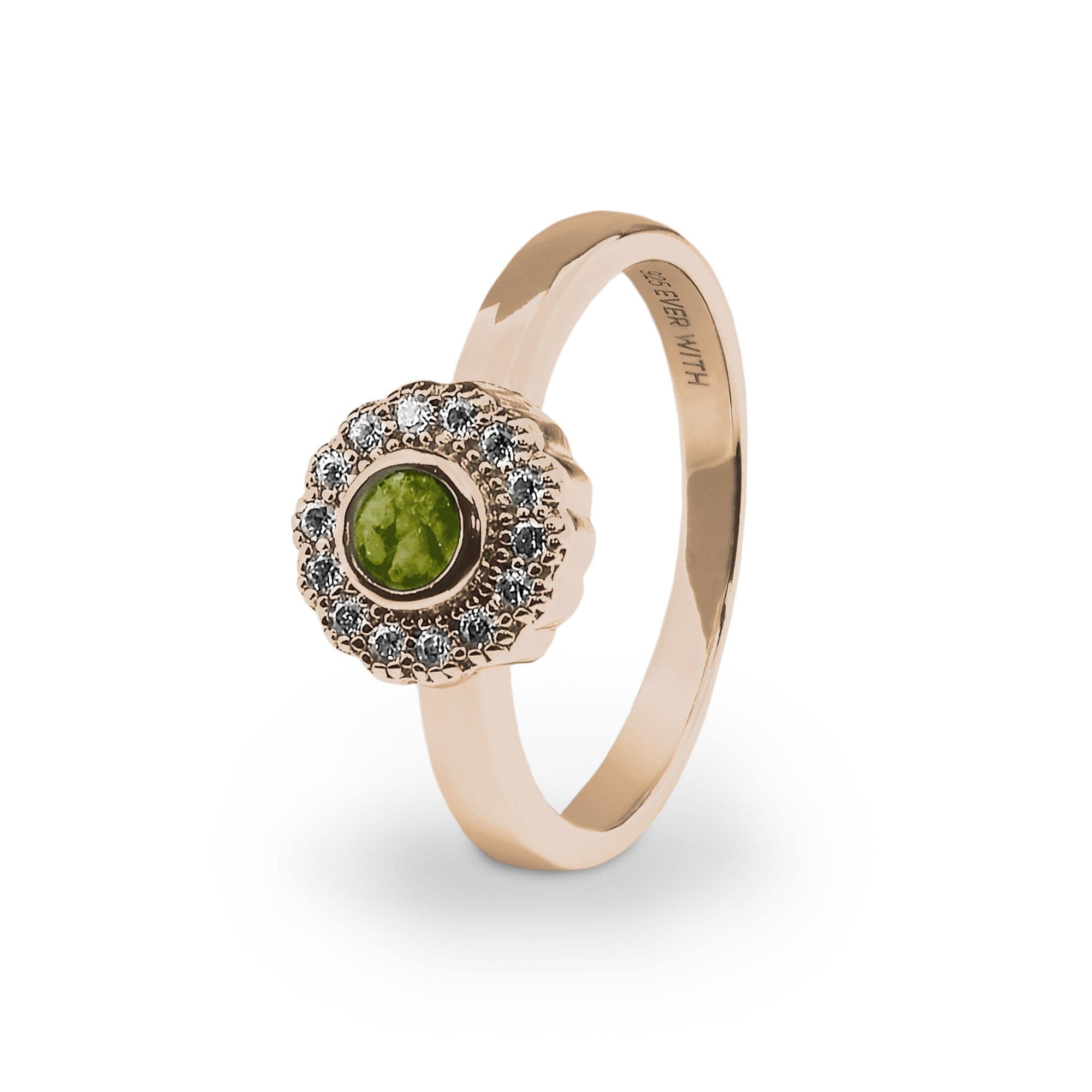 EverWith Ladies Petals Memorial Ashes Ring with Fine Crystals 9k Rose Gold Green