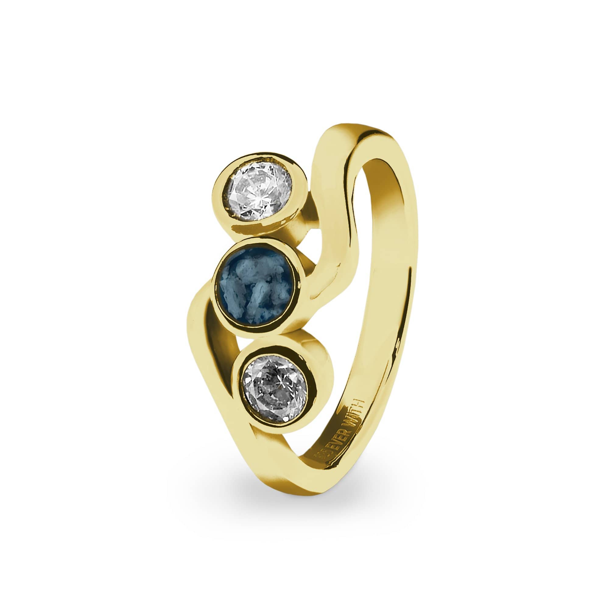 EverWith Ladies Three Of Us Memorial Ashes Ring with Fine Crystals 9k Yellow Gold Blue