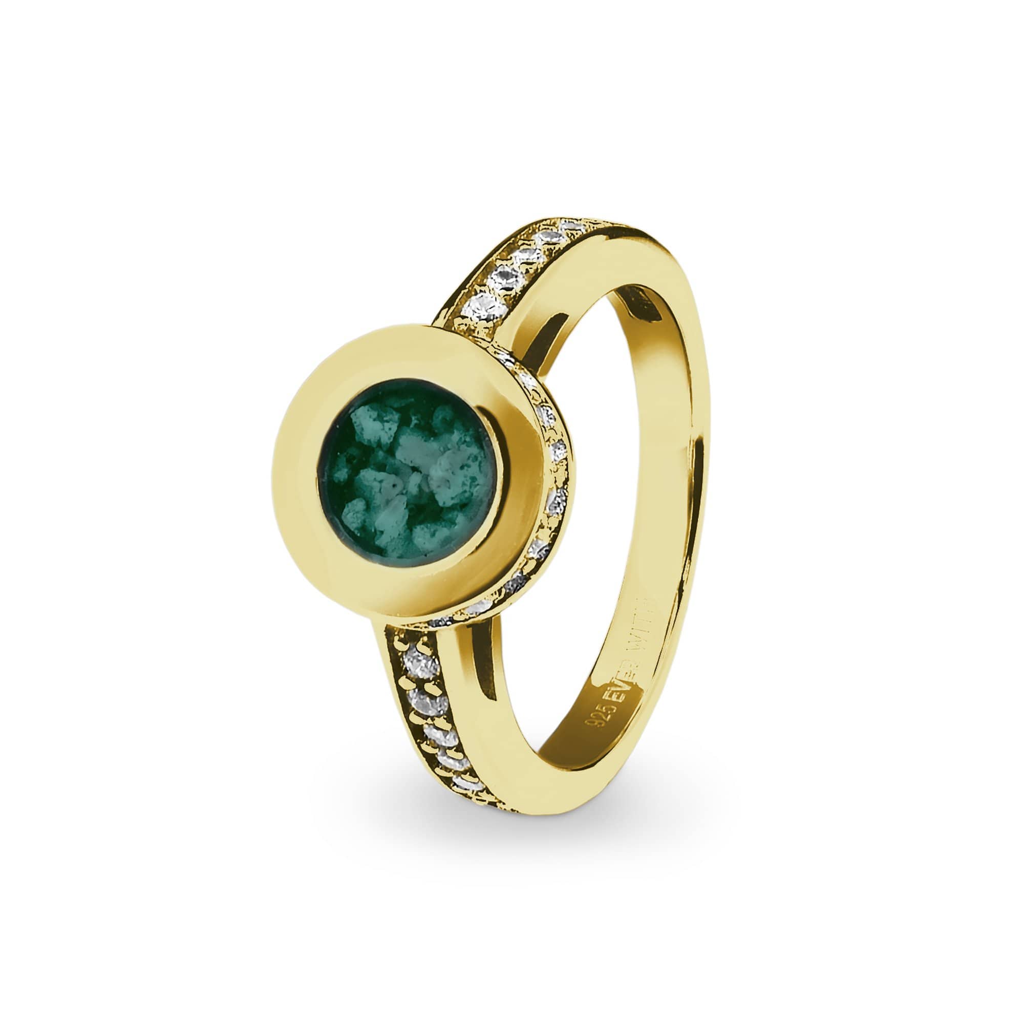EverWith Ladies Round Halo Memorial Ashes Ring with Fine Crystals 9k Yellow Gold Aqua