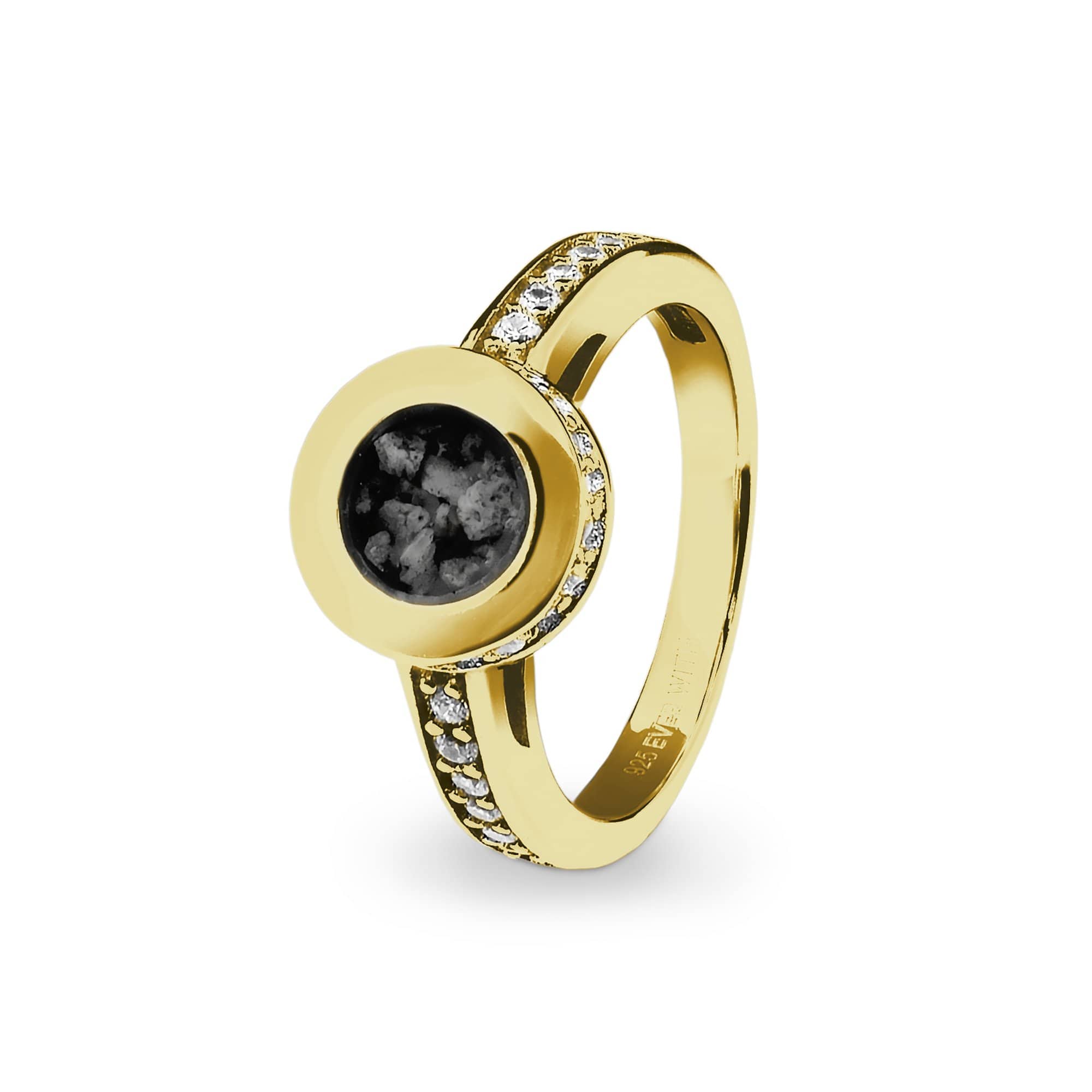 EverWith Ladies Round Halo Memorial Ashes Ring with Fine Crystals 9k Yellow Gold Black