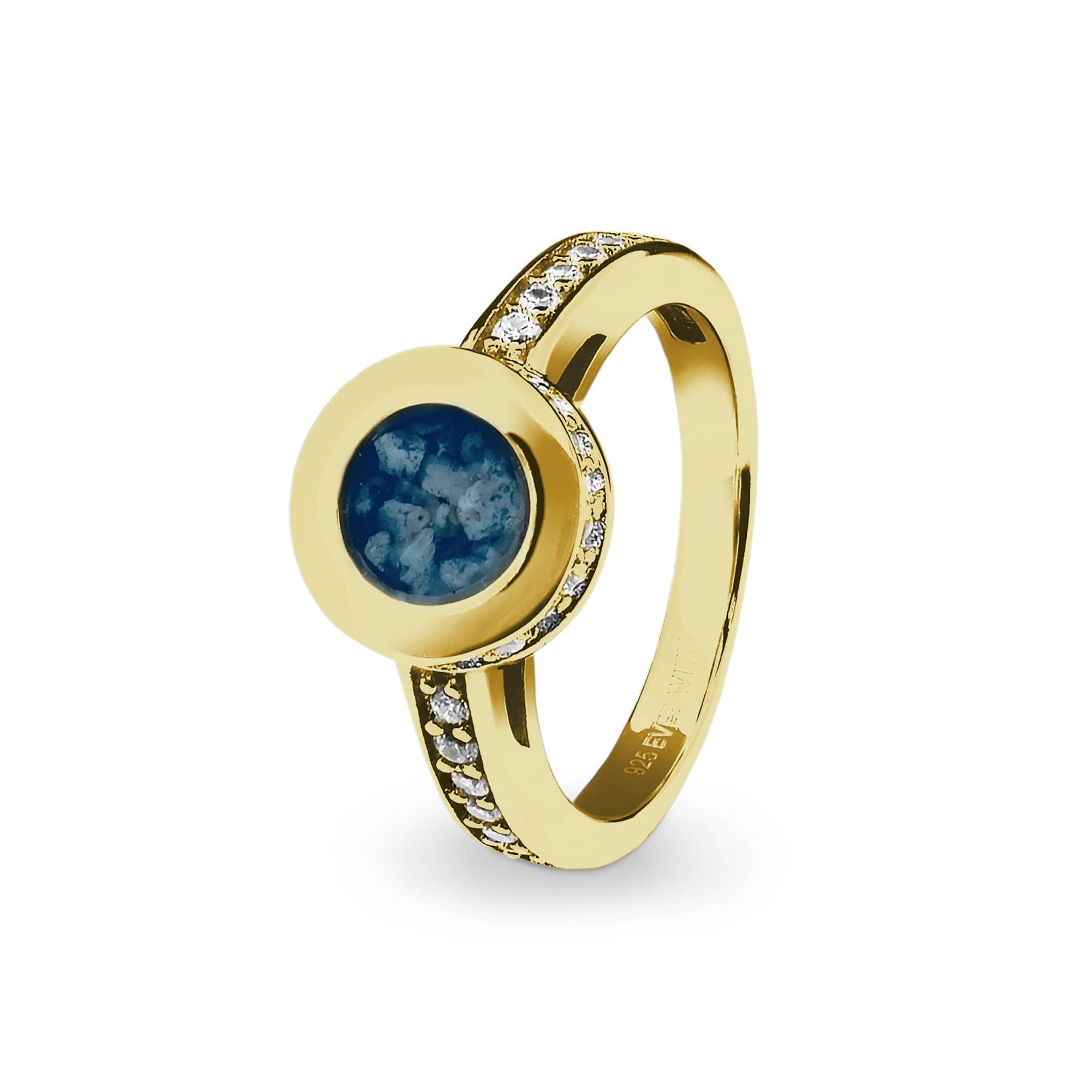 EverWith Ladies Round Halo Memorial Ashes Ring with Fine Crystals 9k Yellow Gold Blue