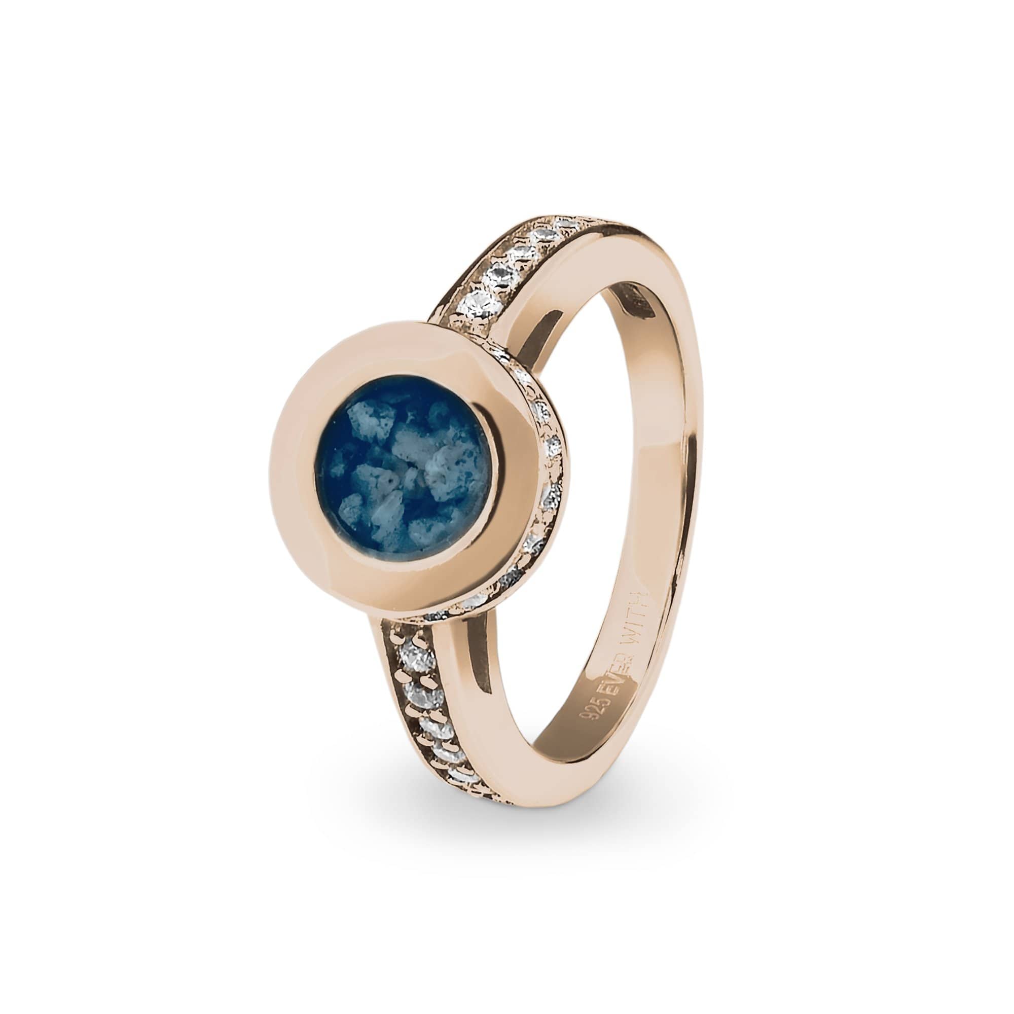 EverWith Ladies Round Halo Memorial Ashes Ring with Fine Crystals 9k Rose Gold Blue