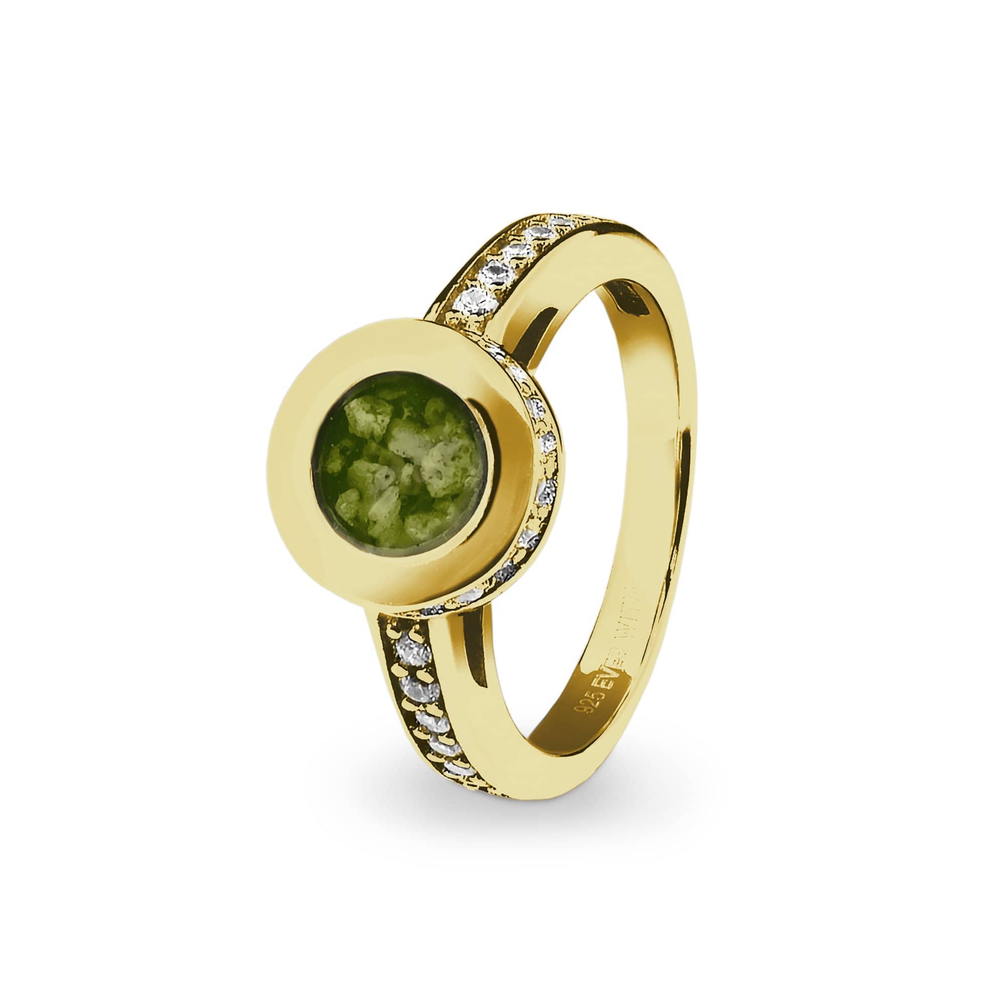 EverWith Ladies Round Halo Memorial Ashes Ring with Fine Crystals 9k Yellow Gold Green