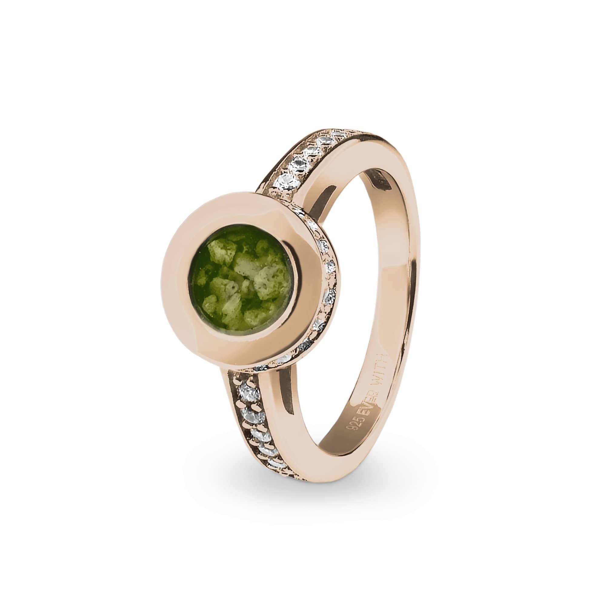 EverWith Ladies Round Halo Memorial Ashes Ring with Fine Crystals 9k Rose Gold Green