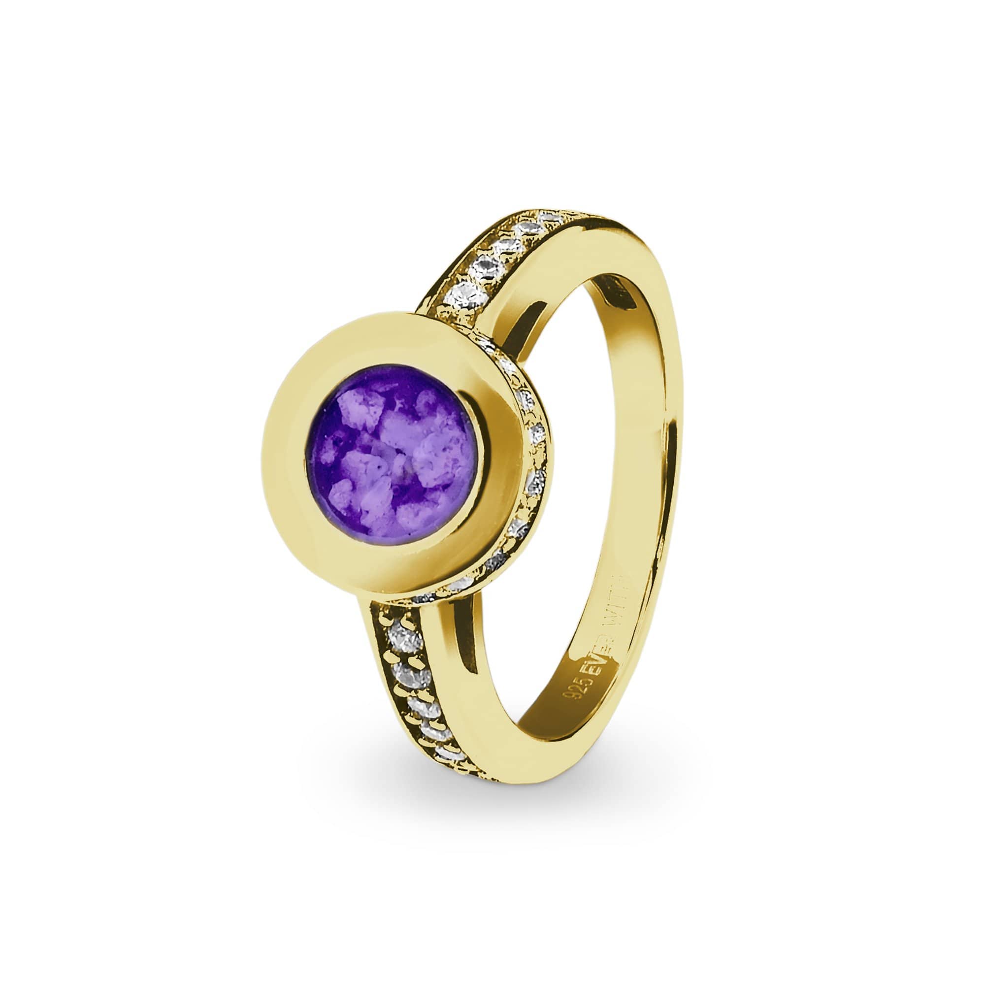 EverWith Ladies Round Halo Memorial Ashes Ring with Fine Crystals 9k Yellow Gold Purple