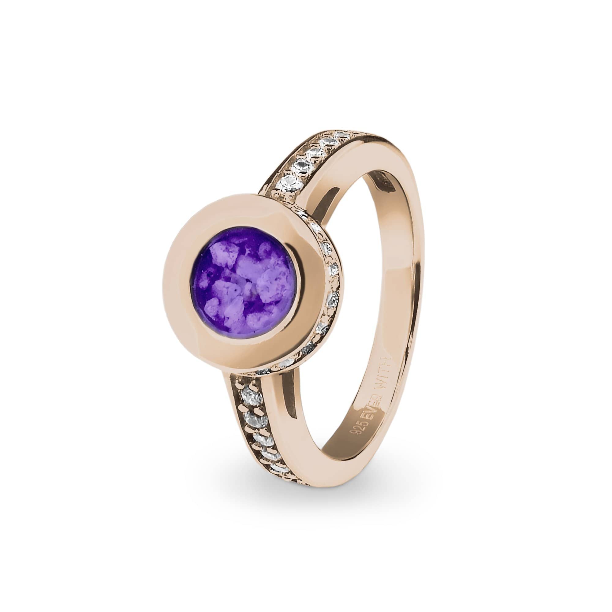 EverWith Ladies Round Halo Memorial Ashes Ring with Fine Crystals 9k Rose Gold Purple