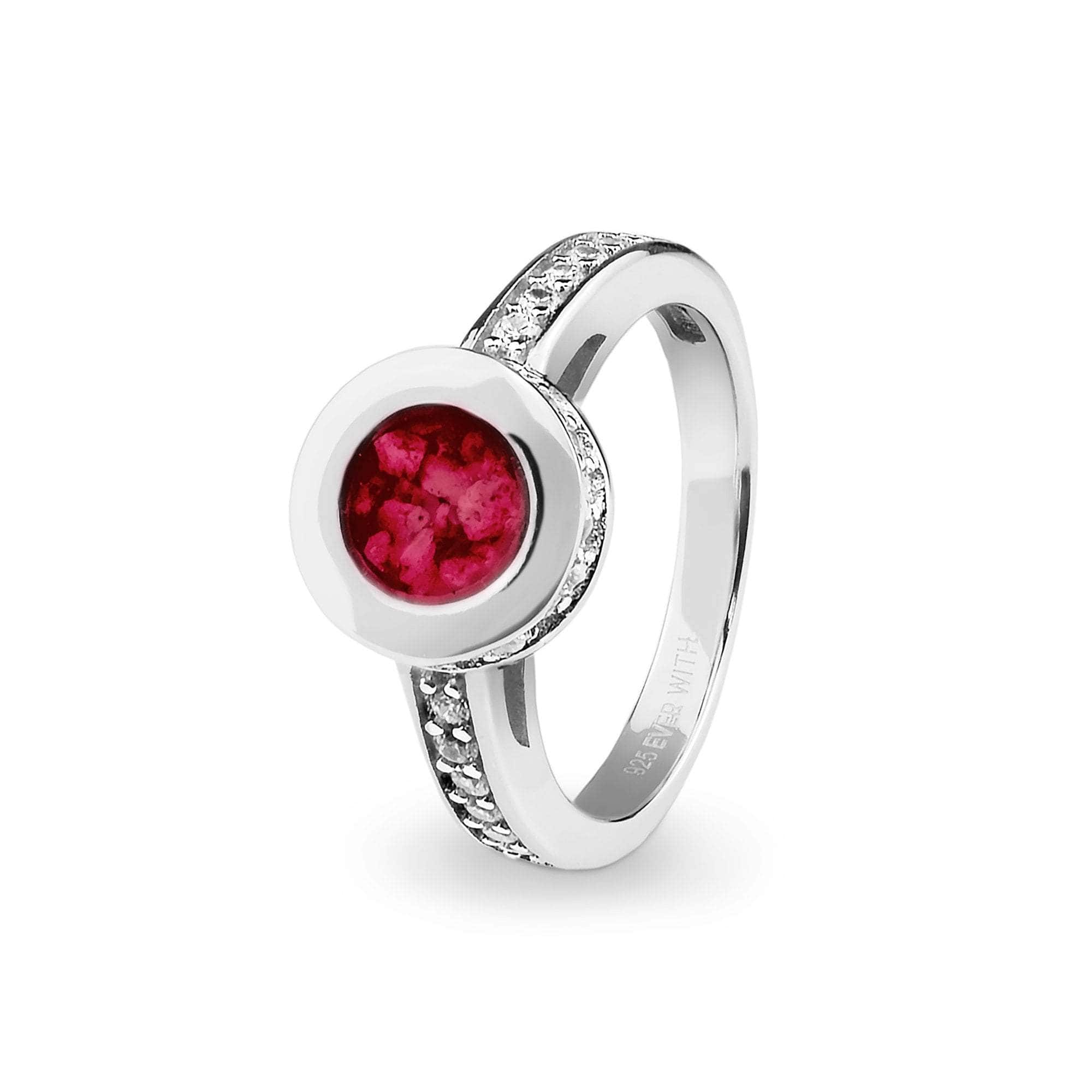 EverWith Ladies Round Halo Memorial Ashes Ring with Fine Crystals Red