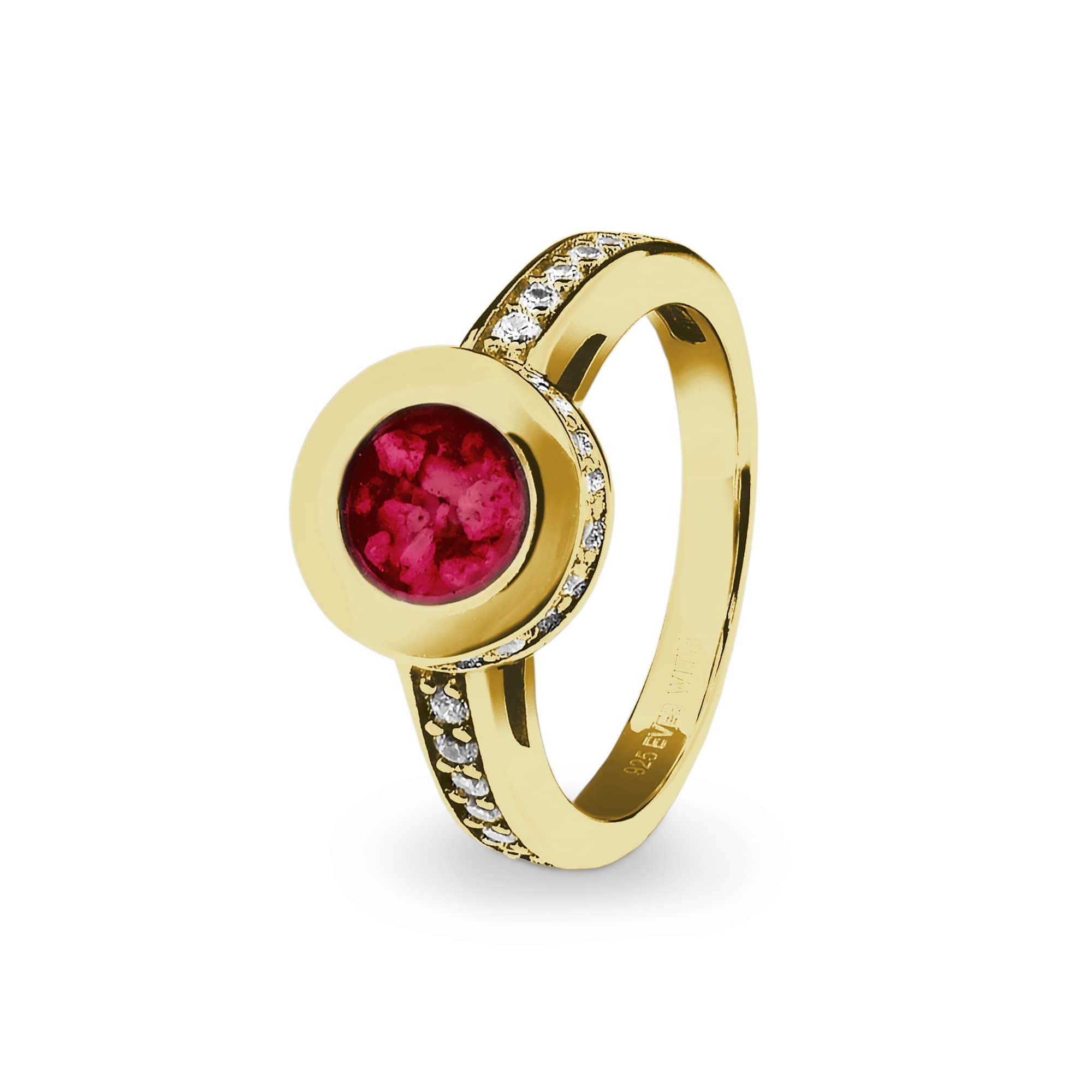 EverWith Ladies Round Halo Memorial Ashes Ring with Fine Crystals 9k Yellow Gold Red