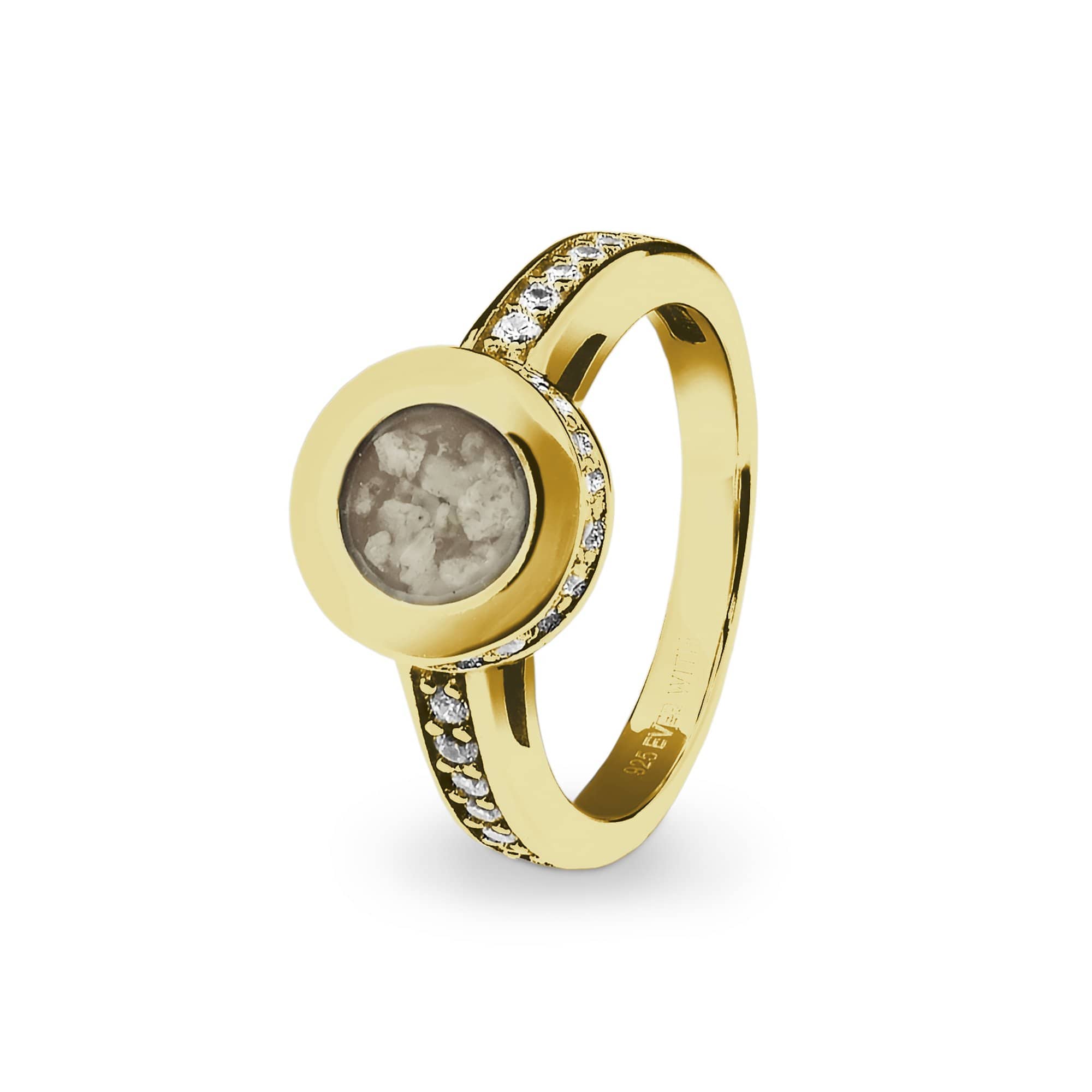 EverWith Ladies Round Halo Memorial Ashes Ring with Fine Crystals 9k Yellow Gold Transparent