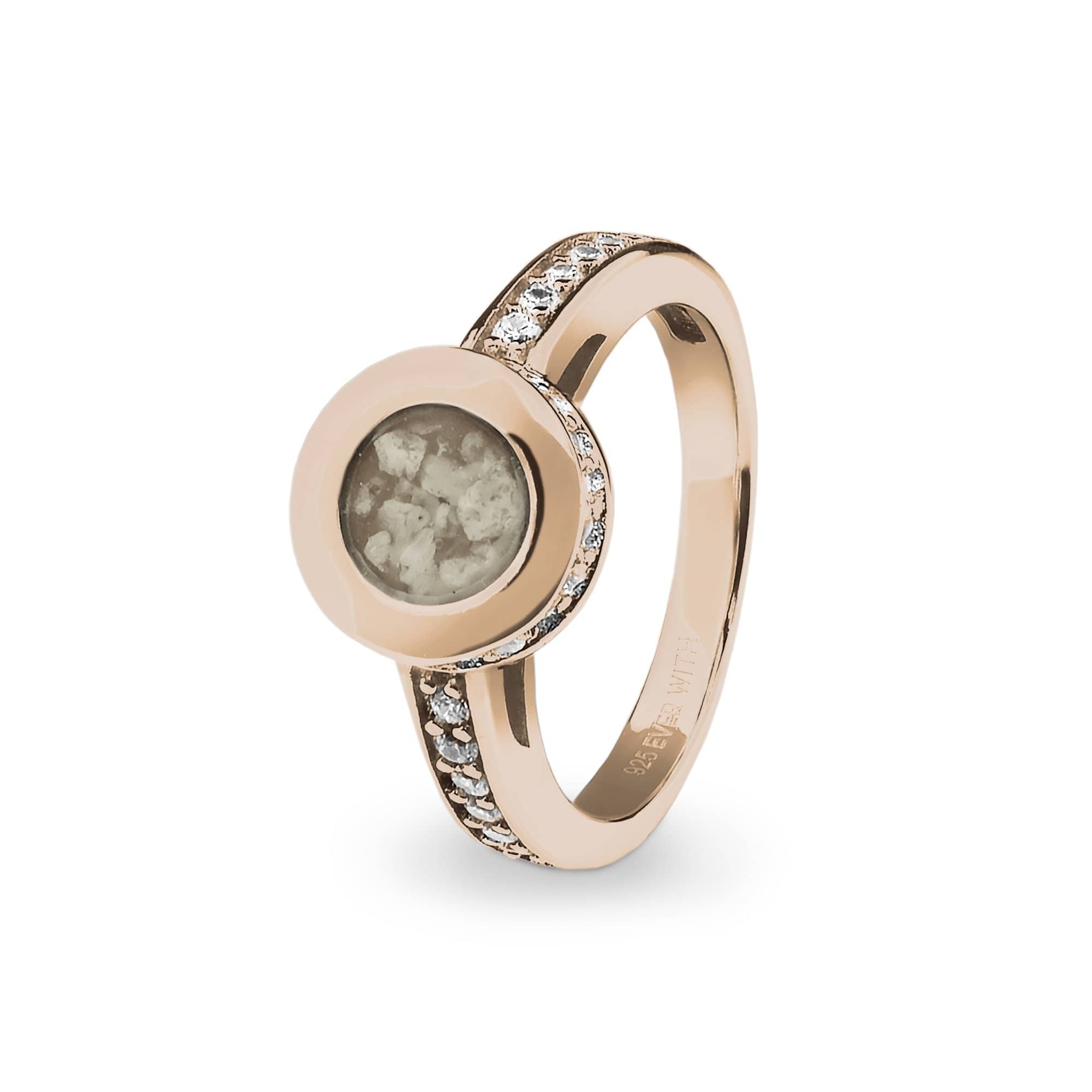 EverWith Ladies Round Halo Memorial Ashes Ring with Fine Crystals 9k Rose Gold Transparent