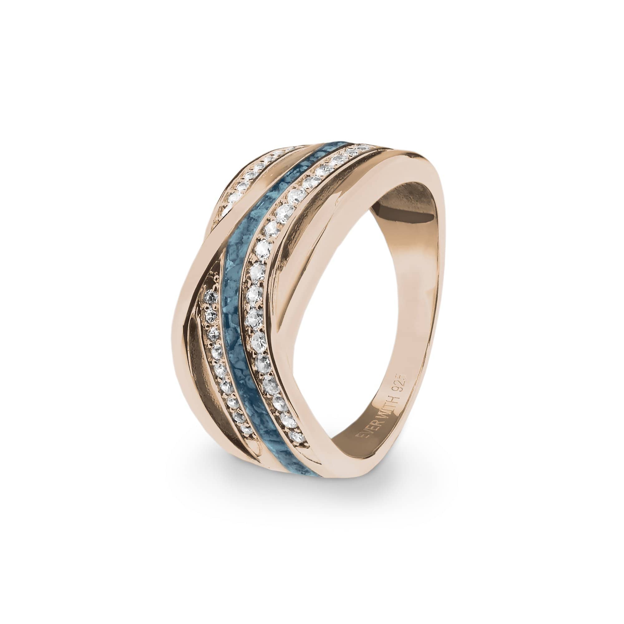 EverWith Ladies Waves Memorial Ashes Ring with Fine Crystals 9k Rose Gold Blue