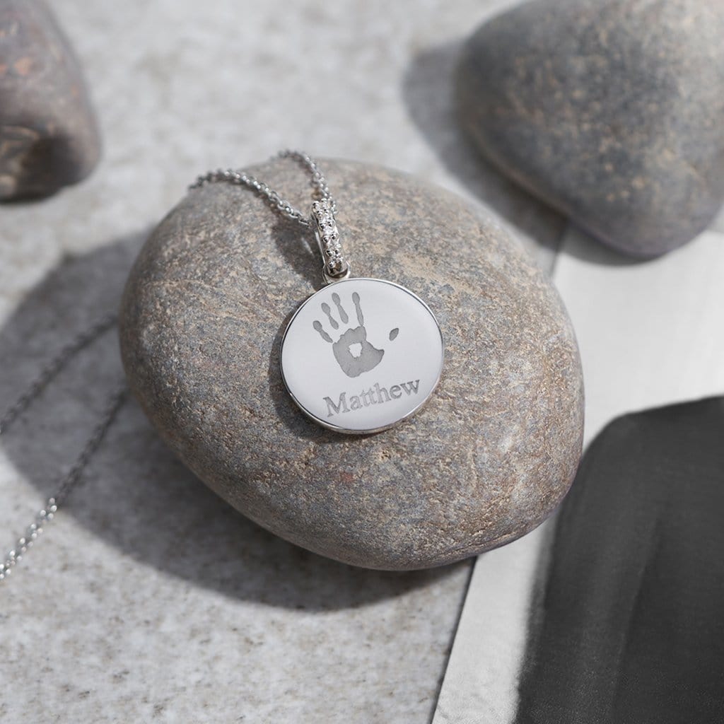 Load image into Gallery viewer, EverWith Engraved Round Memorial Handprint or Footprint Pendant with Fine Crystals