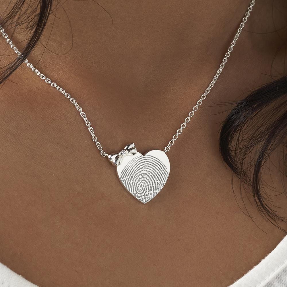 Load image into Gallery viewer, EverWith Engraved Heart and Bow Fingerprint Memorial Necklace with Fine Crystal