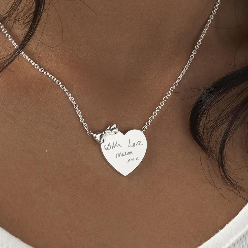 EverWith Engraved Heart and Bow Handwriting Memorial Necklace with Fine Crystal