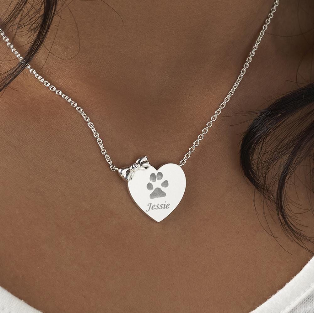 Load image into Gallery viewer, EverWith Engraved Heart and Bow Pawprint Memorial Necklace with Fine Crystal