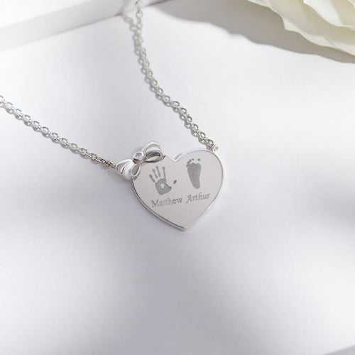 EverWith Engraved Heart and Bow Handprint or Footprint Necklace with Fine Crystal
