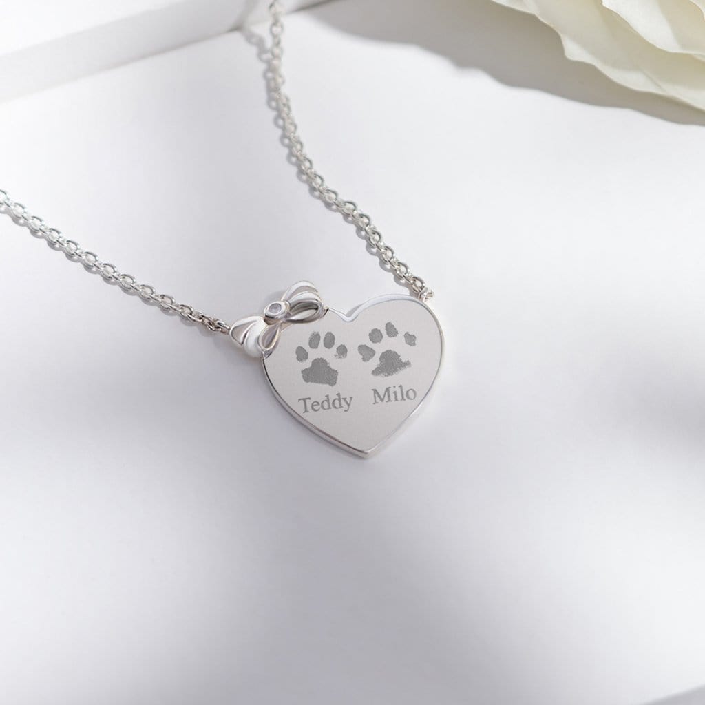 EverWith Engraved Heart and Bow Pawprint Memorial Necklace with Fine Crystal