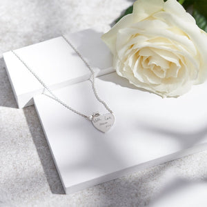 EverWith Engraved Heart and Bow Handwriting Memorial Necklace with Fine Crystal