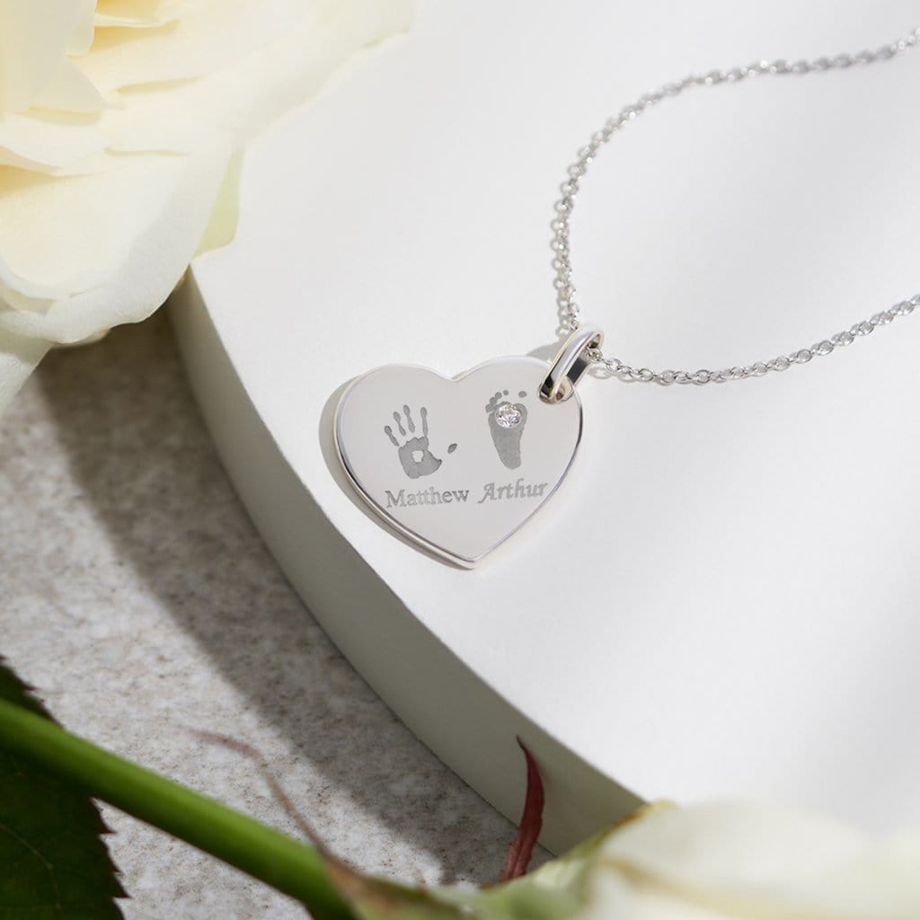 EverWith Engraved Heart Handprint or Footprint Memorial Pendant with Fine Crystal