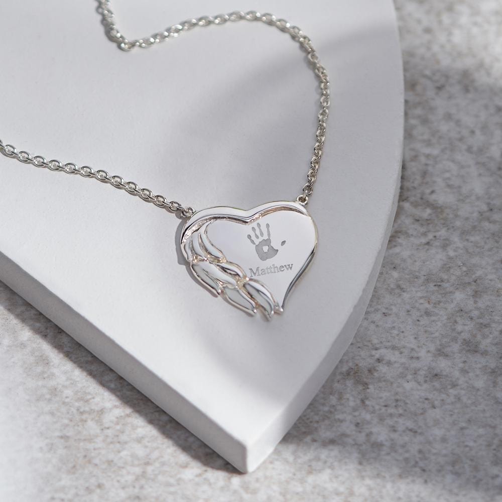 Load image into Gallery viewer, EverWith Engraved Winged Heart Handprint or Footprint Memorial Necklace
