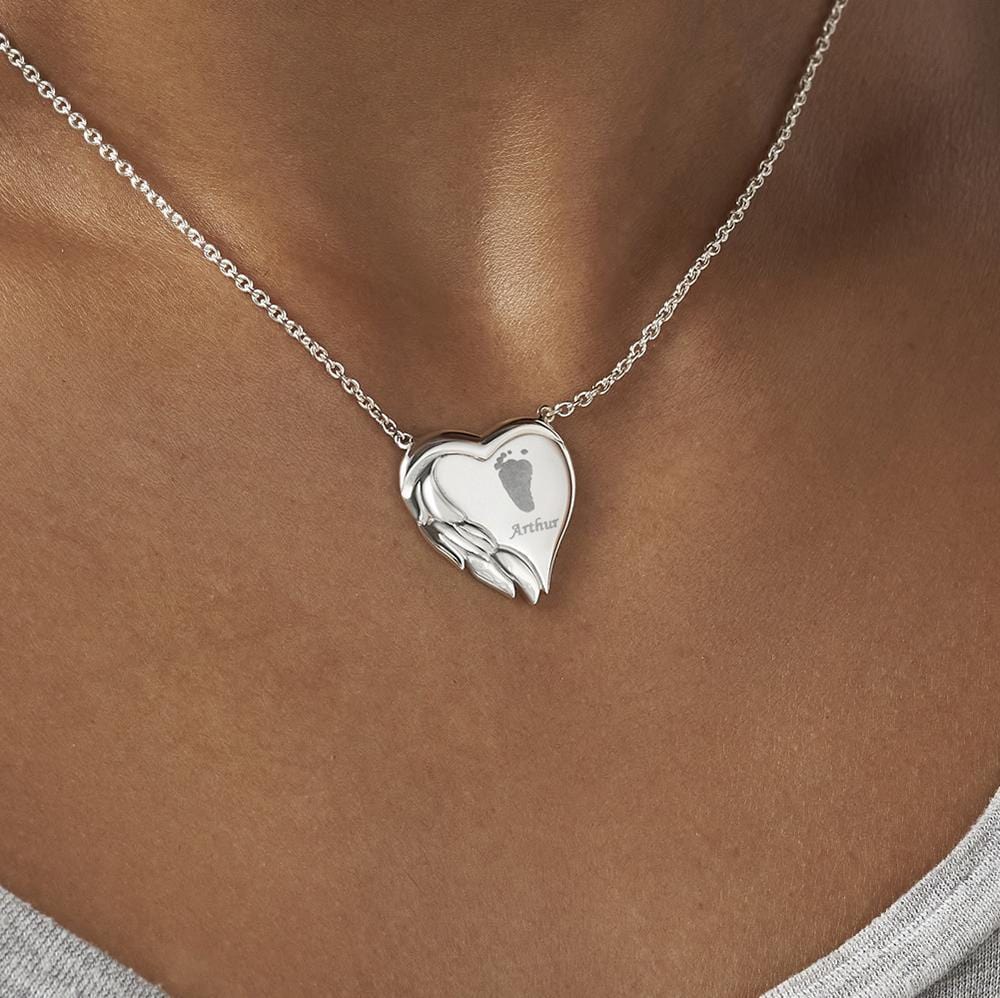 Load image into Gallery viewer, EverWith Engraved Winged Heart Handprint or Footprint Memorial Necklace