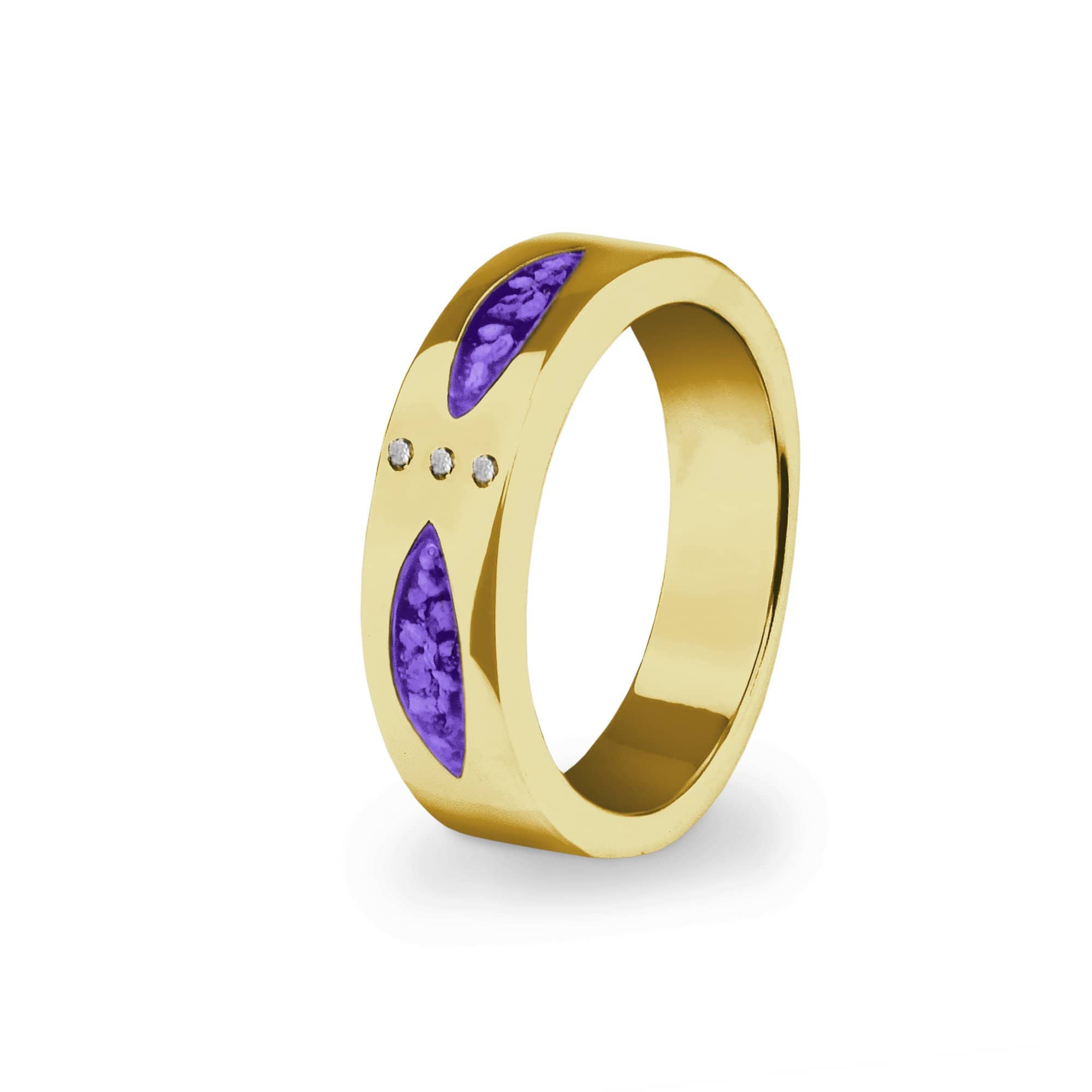 EverWith Unisex Three Together Memorial Ashes Ring with Fine Crystals 9k Yellow Gold Purple